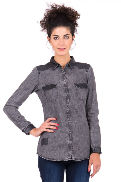 Black Denim Shirt With Faux Leather Detail-Black-XSmall - UK (6-8)