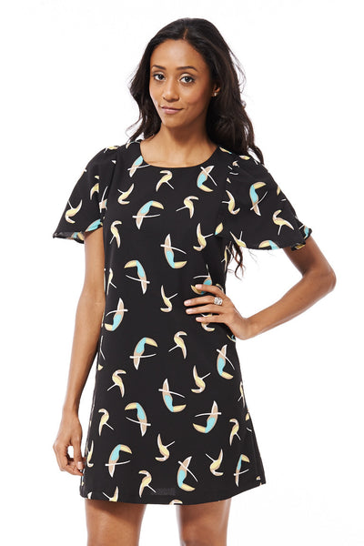 Bird Print Shift Dress-Black-Small - UK (8-10)