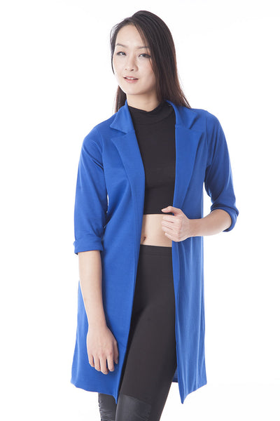 3/4 Open Front Long Blazer-Blue-UK 12 - EU 40